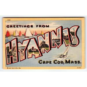 Vintage Greetings from Hyannis Cape Cod Linen Postcard Curt Teich Large Letter